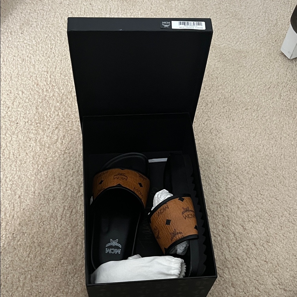 MCM women’s cognac and black Slide Sandals Size 39